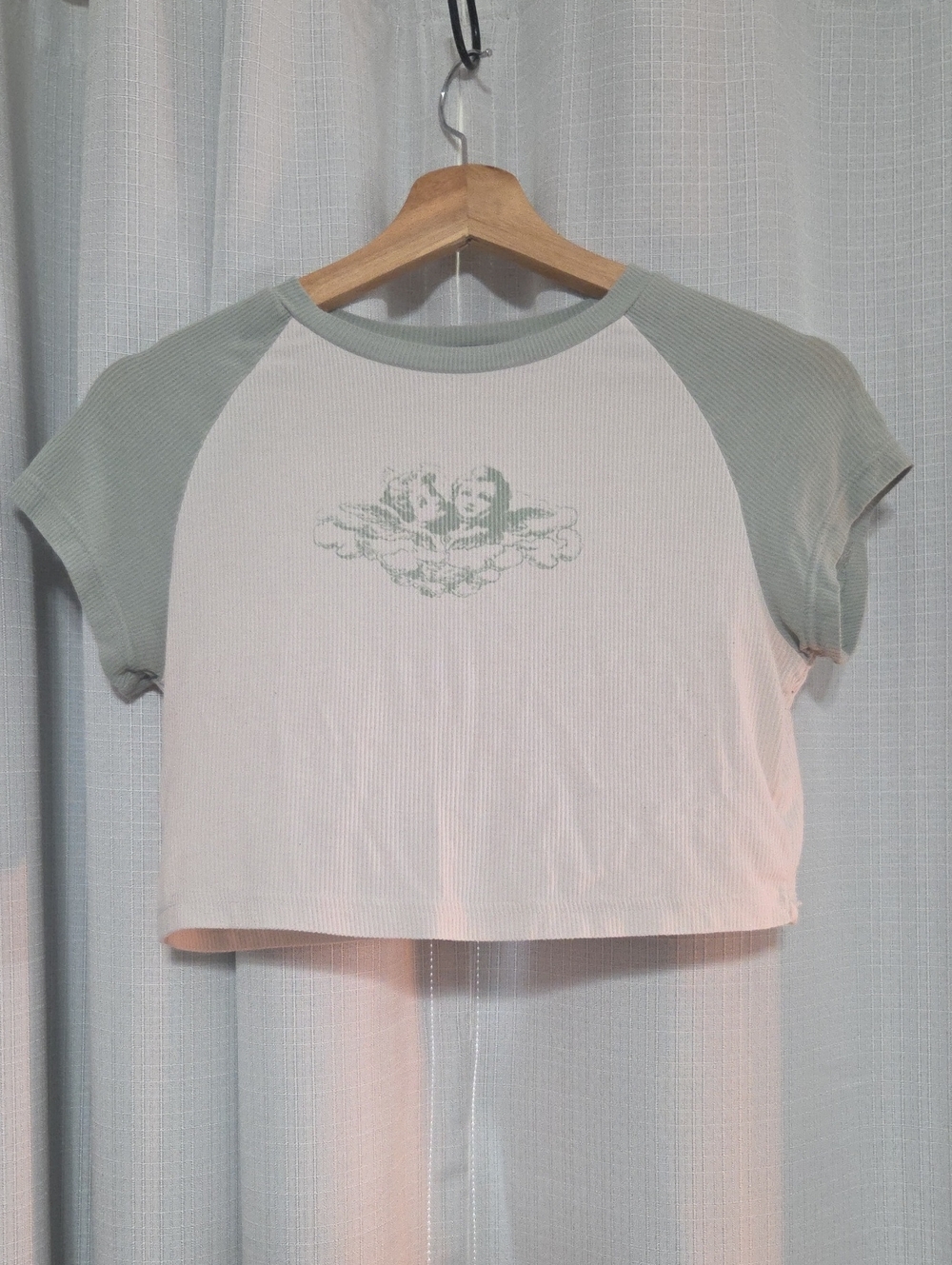 Cropped White & Sage Green Raglan Tee